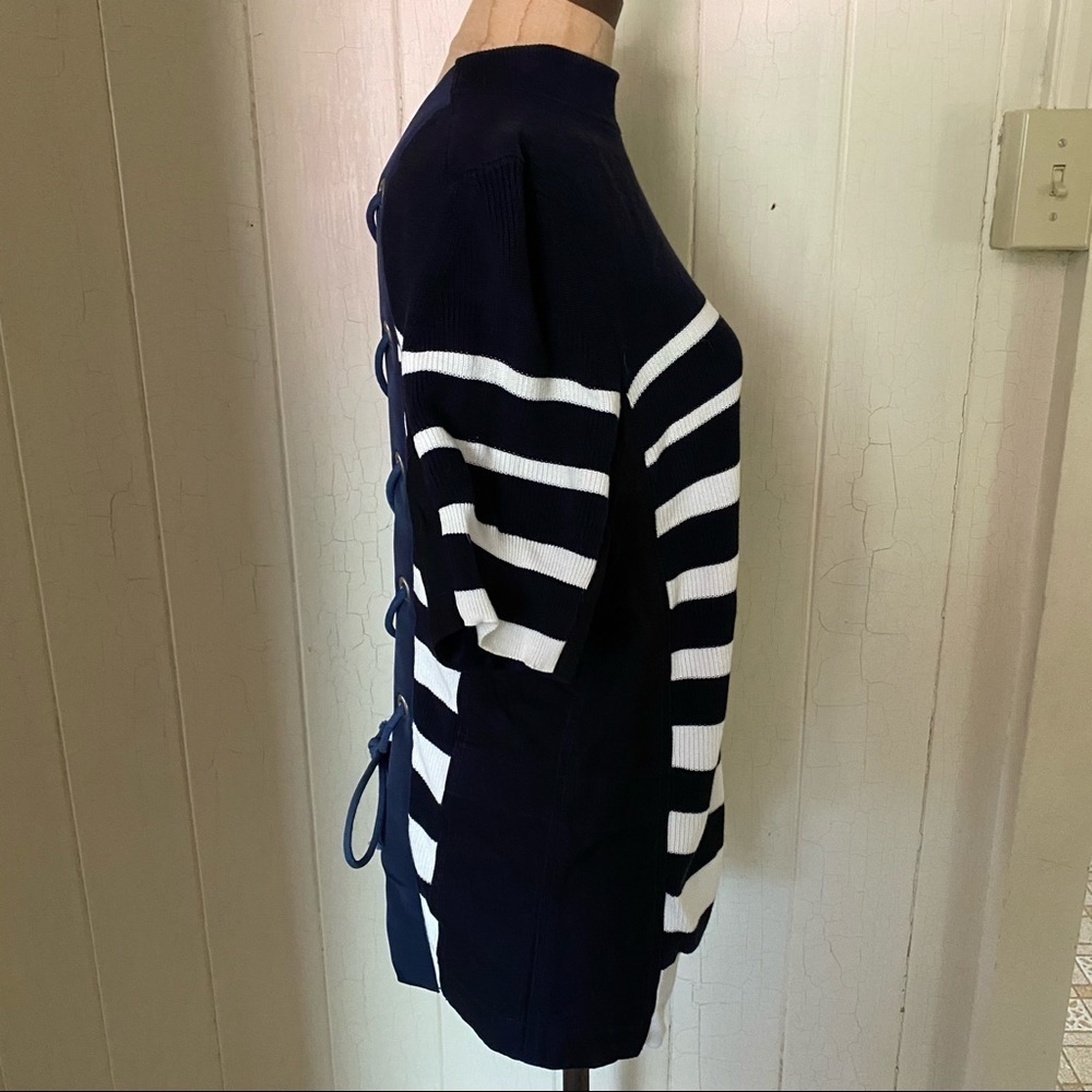 SACAI sz 4 L Navy Blue White Short Sleeve Sweater - Picture 4 of 8